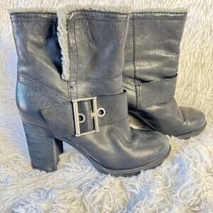 Womens Nine West Black Leather Vintage American Sherpa Boots Size 9  Boho Chic